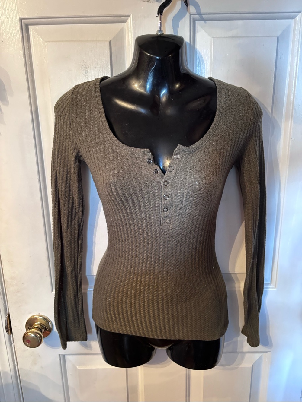 SHEIN Olive Waffle Knit Henley Long Sleeve Top